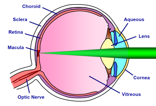 A schematic illustration of a laser beam entering an eye.
